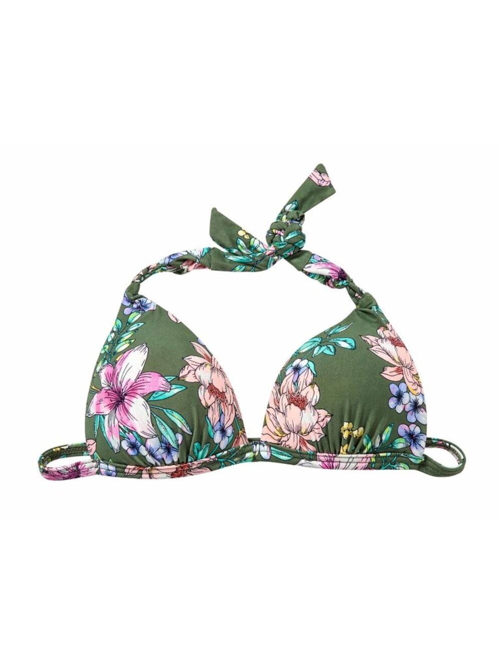 Hula Honey Bikini Top  Small Floral Olive Pink Push-Up Braided Halter Tie Beach